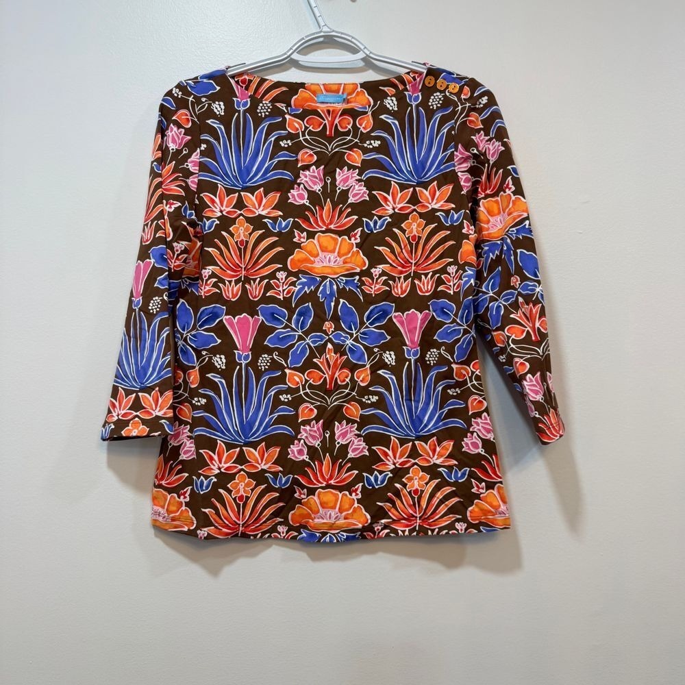 J Mclaughlin Womens Wavesong Top Small Stained Glass Floral Catalina‎ Brown NEW